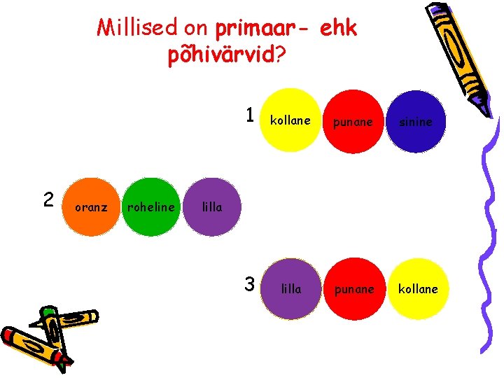 Millised on primaar- ehk põhivärvid? 2 oranz roheline 1 kollane punane sinine 3 lilla