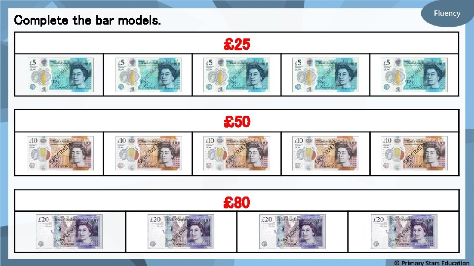 Complete the bar models. £ 25 £ 50 £ 80 
