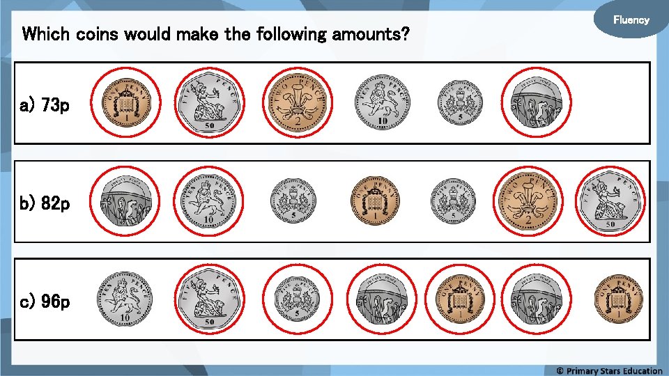 Which coins would make the following amounts? a) 73 p b) 82 p c)