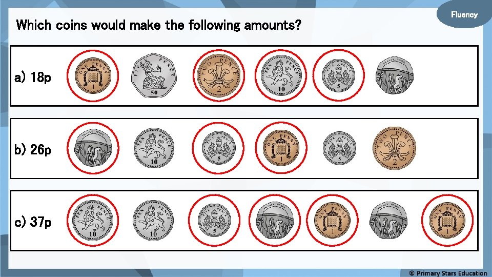 Which coins would make the following amounts? a) 18 p b) 26 p c)