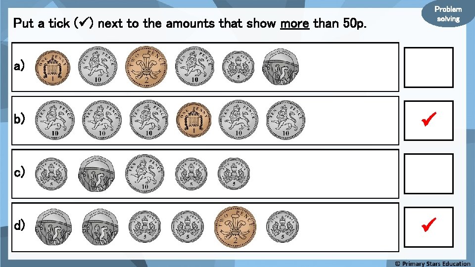 Put a tick ( ) next to the amounts that show more than 50