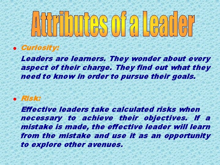 l l Curiosity: Leaders are learners. They wonder about every aspect of their charge.