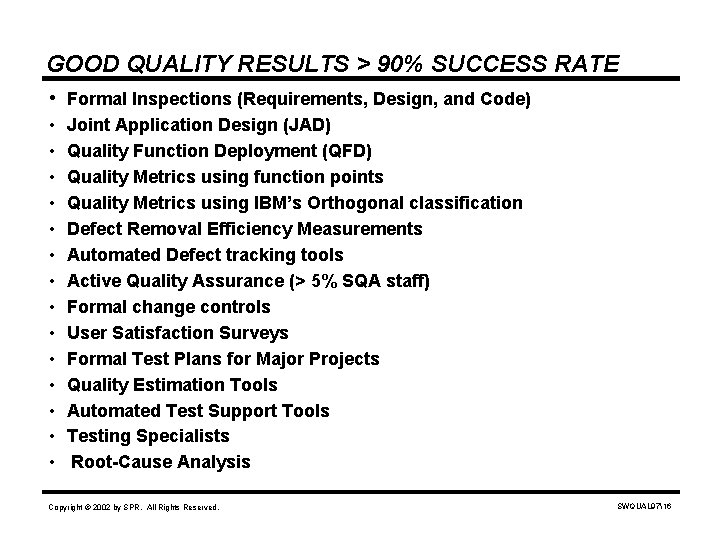 GOOD QUALITY RESULTS > 90% SUCCESS RATE • Formal Inspections (Requirements, Design, and Code)