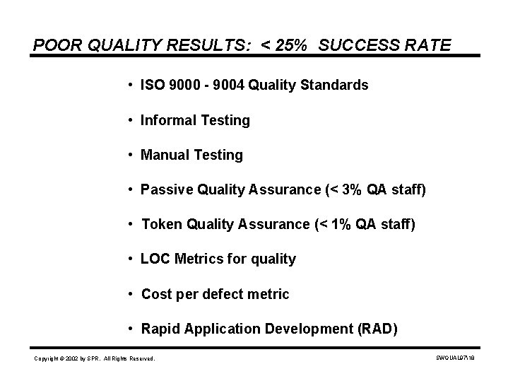 POOR QUALITY RESULTS: < 25% SUCCESS RATE • ISO 9000 - 9004 Quality Standards