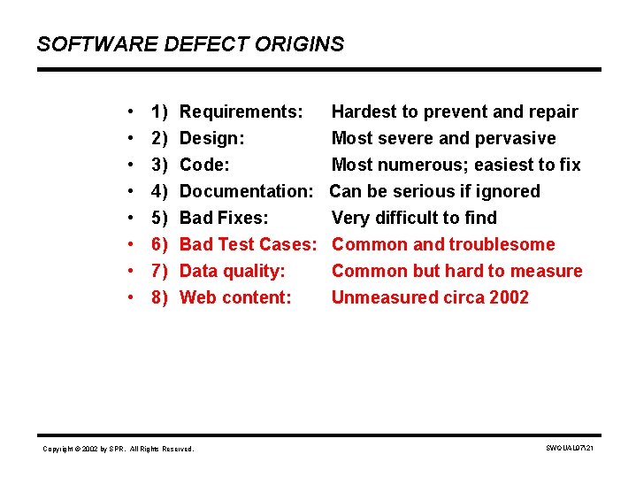 SOFTWARE DEFECT ORIGINS • • 1) 2) 3) 4) Requirements: Design: Code: Documentation: 5)