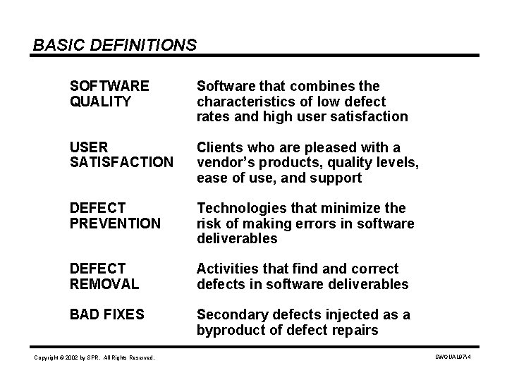 BASIC DEFINITIONS SOFTWARE QUALITY Software that combines the characteristics of low defect rates and