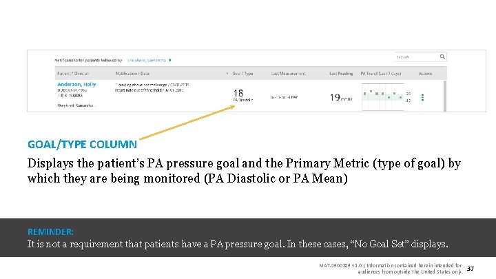 GOAL/TYPE COLUMN Displays the patient’s PA pressure goal and the Primary Metric (type of