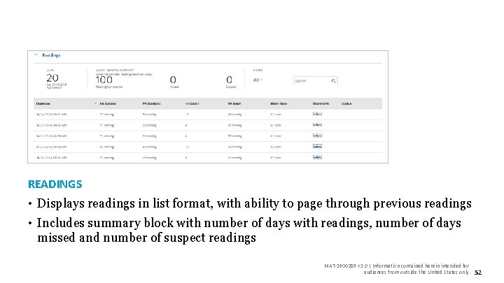 READINGS • Displays readings in list format, with ability to page through previous readings