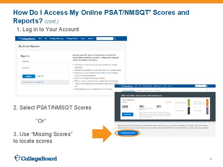 How Do I Access My Online PSAT/NMSQT® Scores and Reports? (cont. ) 1. Log