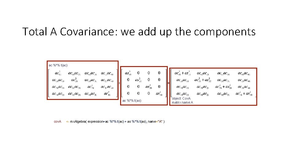 Total A Covariance: we add up the components ac %*% t(ac) as %*% t(as)