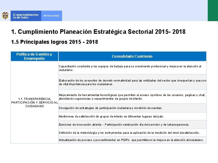 1. Cumplimiento Planeación Estratégica Sectorial 2015 - 2018 1. 5 Principales logros 2015 -