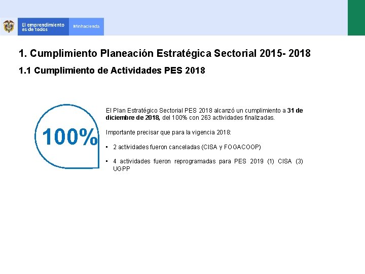 1. Cumplimiento Planeación Estratégica Sectorial 2015 - 2018 1. 1 Cumplimiento de Actividades PES