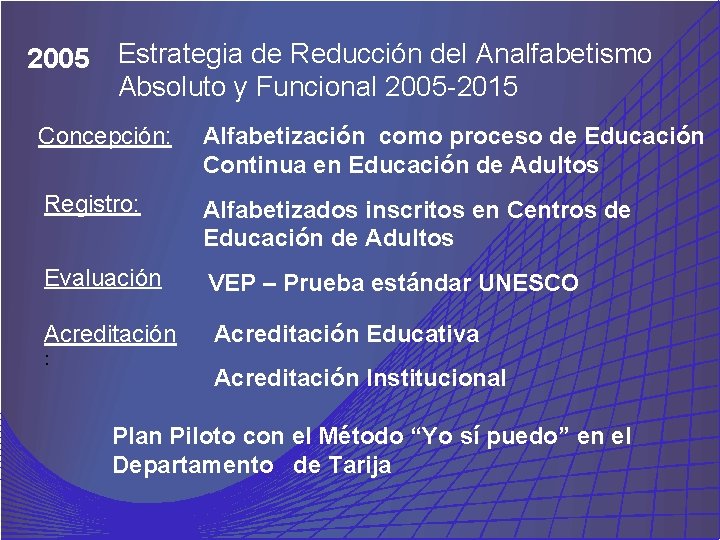 2005 Estrategia de Reducción del Analfabetismo Absoluto y Funcional 2005 -2015 Concepción: Alfabetización como