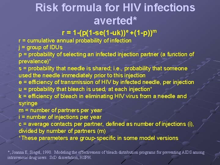 Risk formula for HIV infections averted* r = 1 -(p(1 -se(1 -uk))e +(1 -p))m