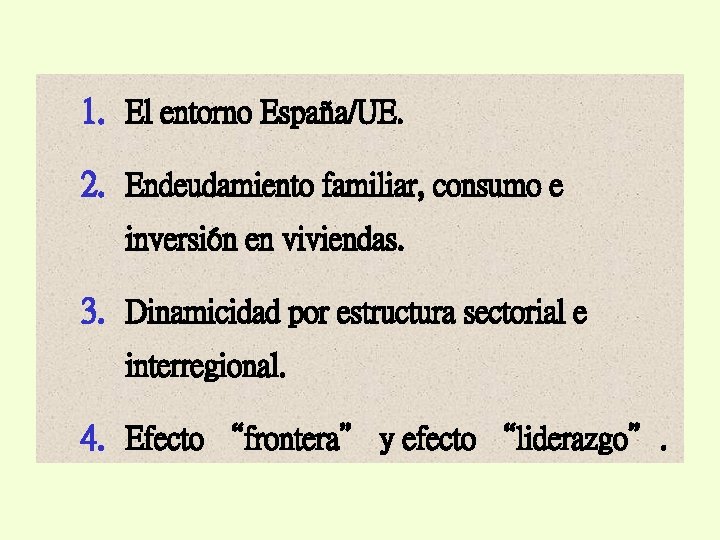 1. El entorno España/UE. 2. Endeudamiento familiar, consumo e inversión en viviendas. 3. Dinamicidad