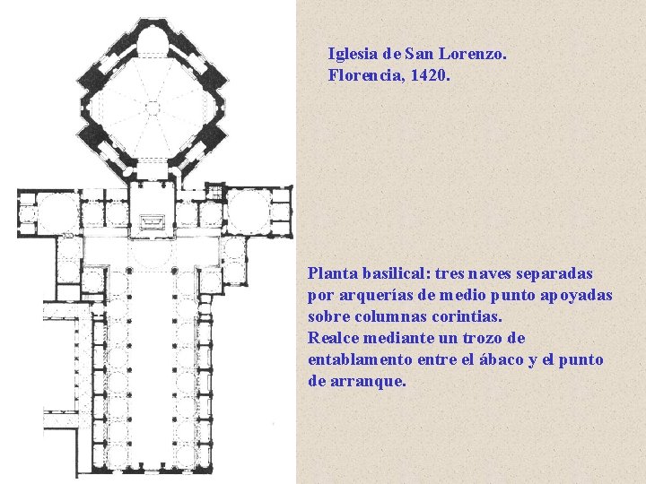 Iglesia de San Lorenzo. Florencia, 1420. Planta basilical: tres naves separadas por arquerías de