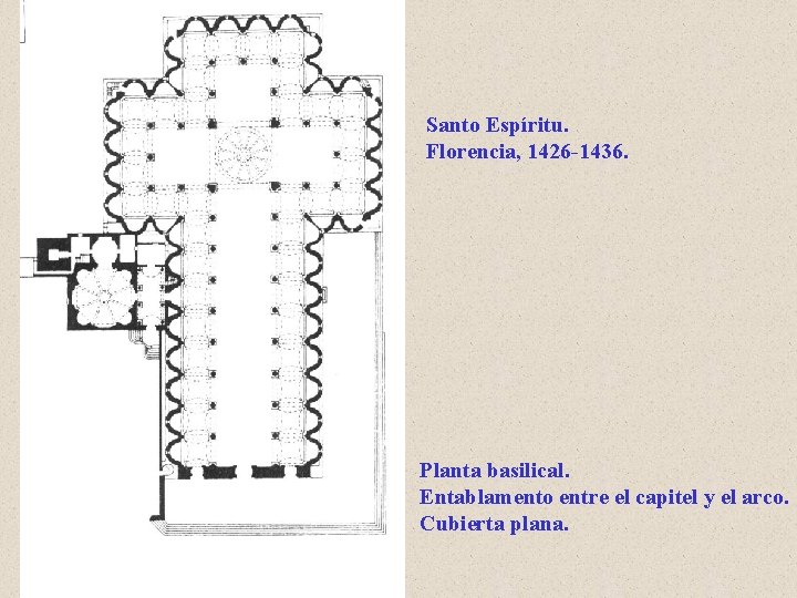 Santo Espíritu. Florencia, 1426 -1436. Planta basilical. Entablamento entre el capitel y el arco.