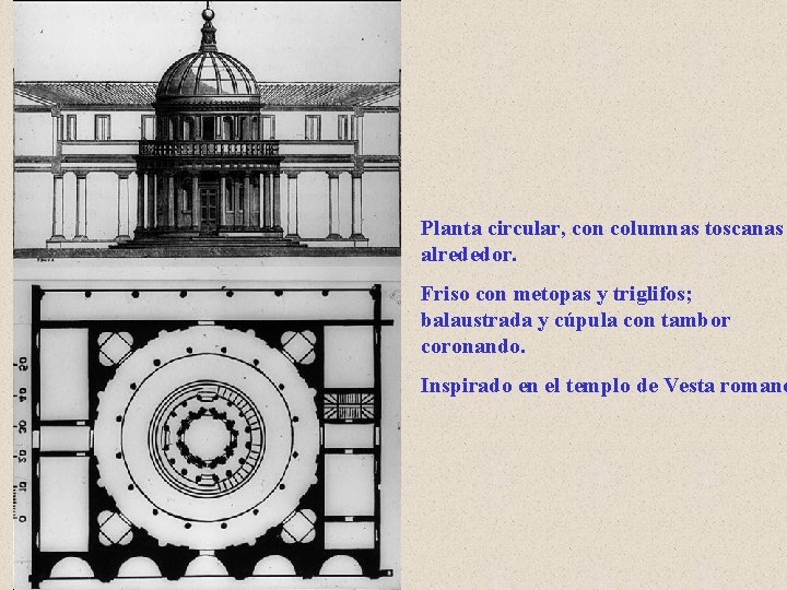 Planta circular, con columnas toscanas alrededor. Friso con metopas y triglifos; balaustrada y cúpula Planta circular, con columnas toscanas alrededor. Friso con metopas y triglifos; balaustrada y cúpula
