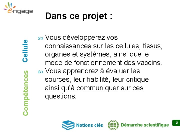 Compétences Cellule Dans ce projet : Vous développerez vos connaissances sur les cellules, tissus,