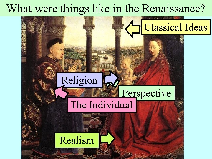 What were things like in the Renaissance? Classical Ideas Religion Perspective The Individual Realism What were things like in the Renaissance? Classical Ideas Religion Perspective The Individual Realism