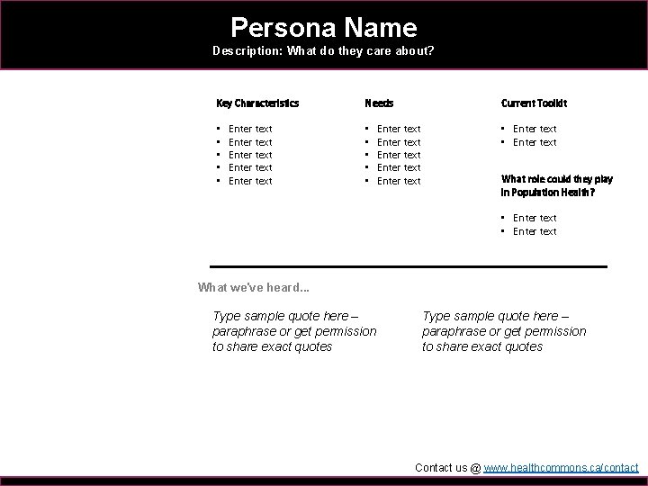Persona Name Description: What do they care about? Key Characteristics • • • Enter
