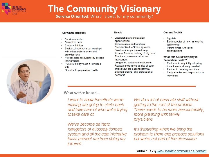 The Community Visionary Service Oriented: What’s best for my community? What we've heard. .