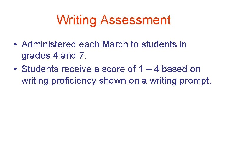 Writing Assessment • Administered each March to students in grades 4 and 7. •
