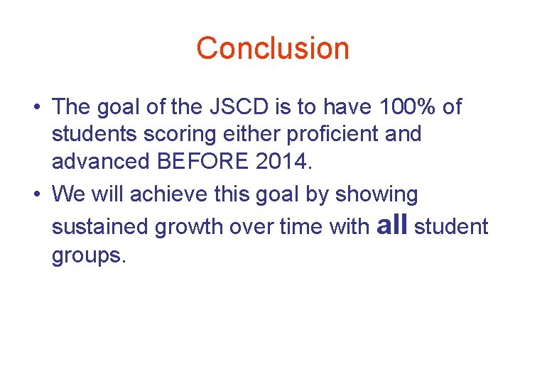 Conclusion • The goal of the JSCD is to have 100% of students scoring
