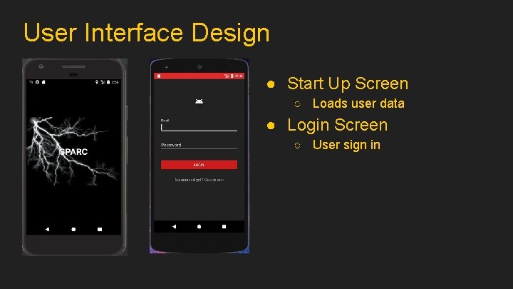 User Interface Design ● Start Up Screen ○ Loads user data ● Login Screen