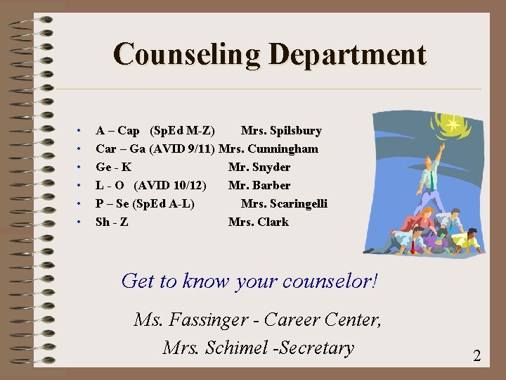 Counseling Department • • • A – Cap (Sp. Ed M-Z) Mrs. Spilsbury Car