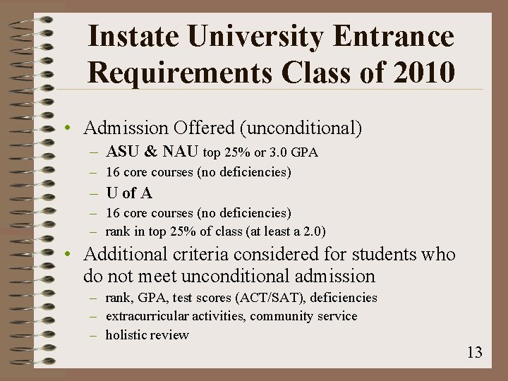Instate University Entrance Requirements Class of 2010 • Admission Offered (unconditional) – ASU &