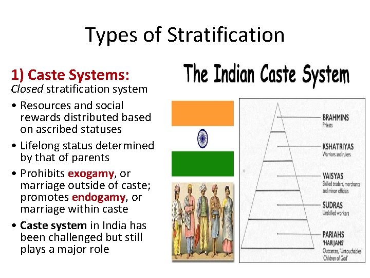 Types of Stratification 1) Caste Systems: Closed stratification system • Resources and social rewards