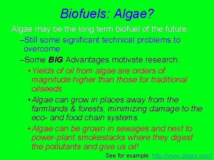 Biofuels: Algae? Algae may be the long term biofuel of the future. –Still some