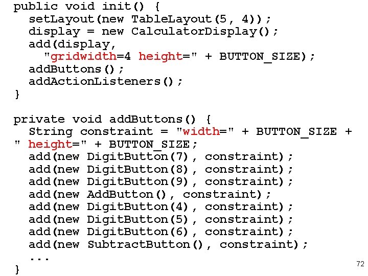 public void init() { set. Layout(new Table. Layout(5, 4)); display = new Calculator. Display(); public void init() { set. Layout(new Table. Layout(5, 4)); display = new Calculator. Display();