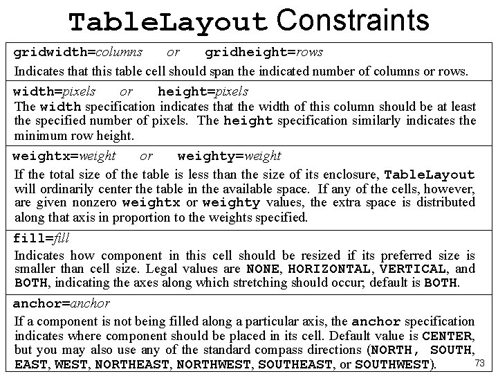 Table. Layout Constraints gridwidth=columns or gridheight=rows Indicates that this table cell should span the Table. Layout Constraints gridwidth=columns or gridheight=rows Indicates that this table cell should span the