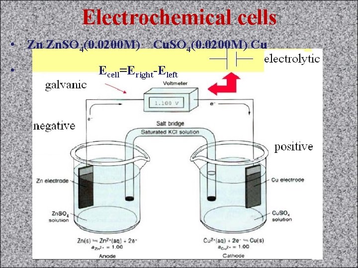 Electrochemical cells • Zn Zn. SO 4(0. 0200 M) Cu • Ecell=Eright-Eleft 