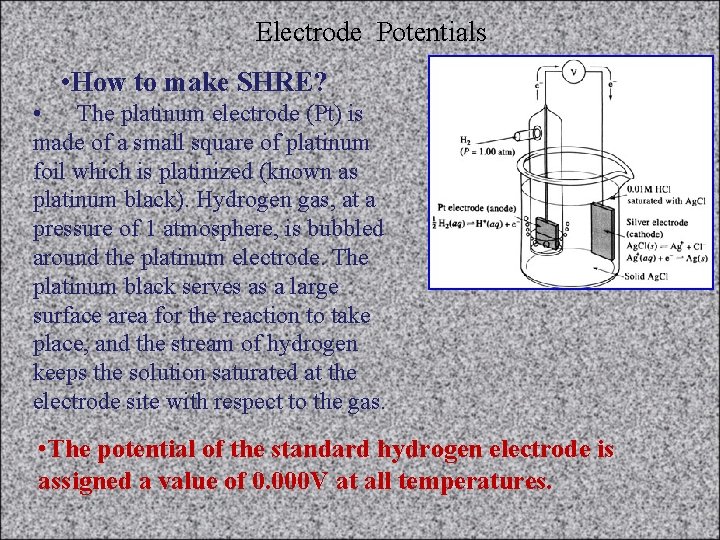 Electrode Potentials • How to make SHRE? • The platinum electrode (Pt) is made