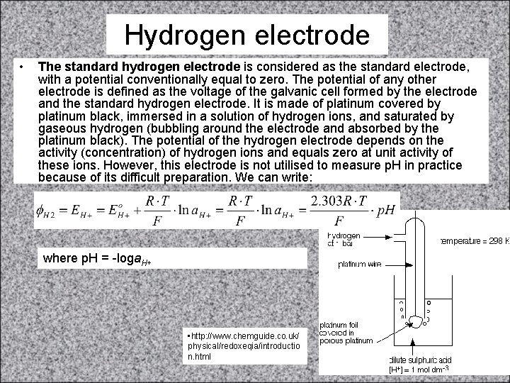 Hydrogen electrode • The standard hydrogen electrode is considered as the standard electrode, with