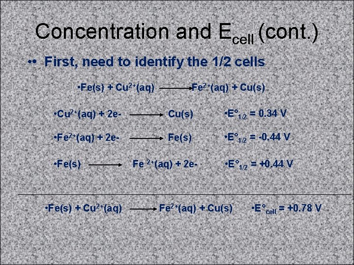 Concentration and Ecell (cont. ) • • First, need to identify the 1/2 cells