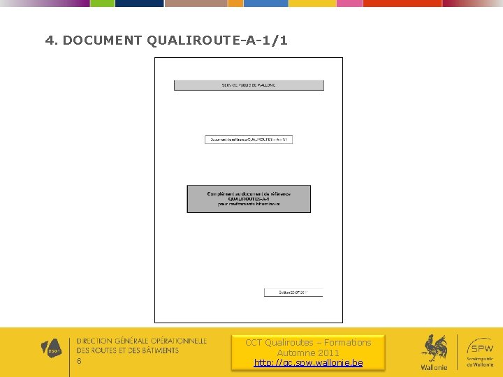 4. DOCUMENT QUALIROUTE-A-1/1 6 CCT Qualiroutes – Formations Automne 2011 http: //qc. spw. wallonie.