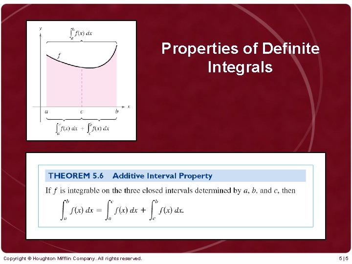 Properties of Definite Integrals Copyright © Houghton Mifflin Company. All rights reserved. 5|5 