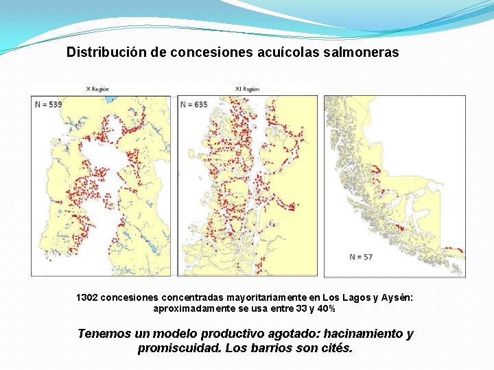 Distribución de concesiones acuícolas salmoneras 1302 concesiones concentradas mayoritariamente en Los Lagos y Aysén:
