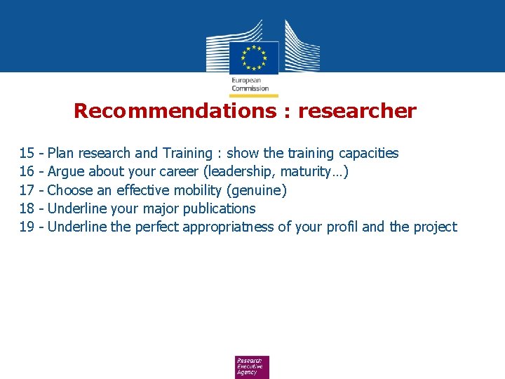 Recommendations : researcher 15 16 17 18 19 - Plan research and Training :