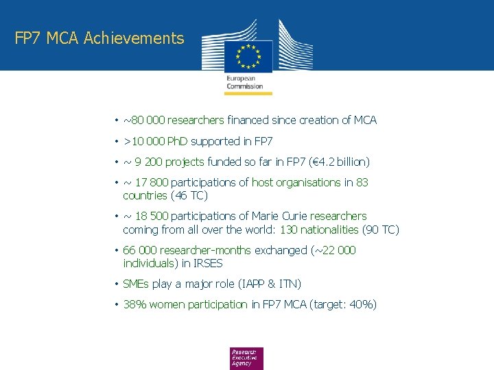 FP 7 MCA Achievements • ~80 000 researchers financed since creation of MCA •