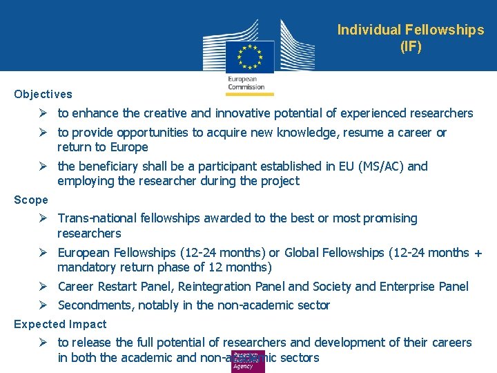 Individual Fellowships (IF) Objectives Ø to enhance the creative and innovative potential of experienced