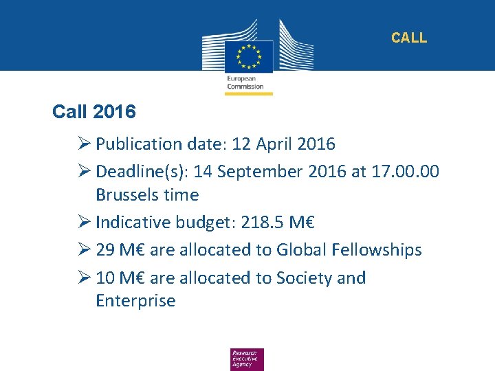 CALL Call 2016 Ø Publication date: 12 April 2016 Ø Deadline(s): 14 September 2016