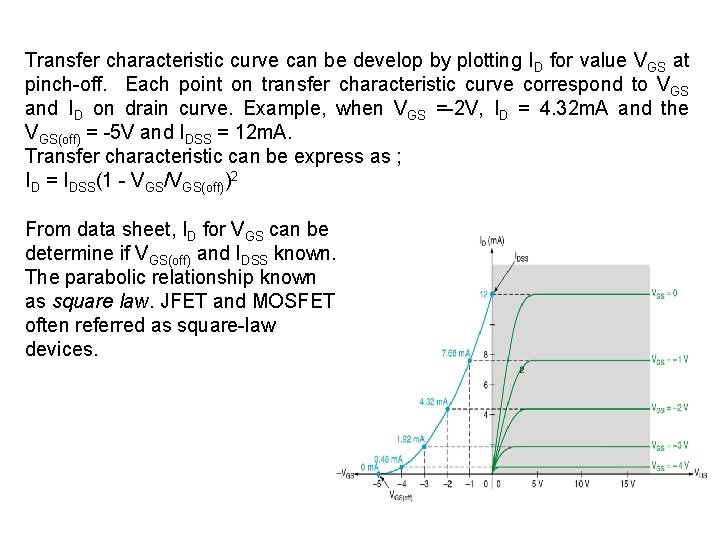 Transfer characteristic curve can be develop by plotting ID for value VGS at pinch-off.