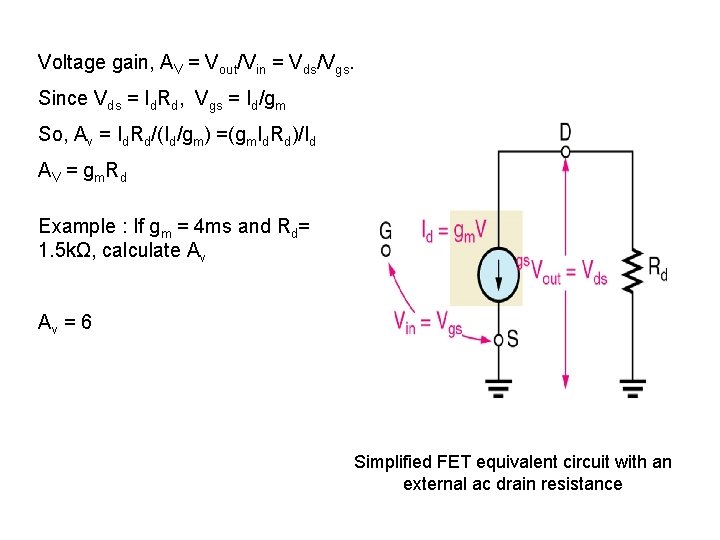 Voltage gain, AV = Vout/Vin = Vds/Vgs. Since Vds = Id. Rd, Vgs =