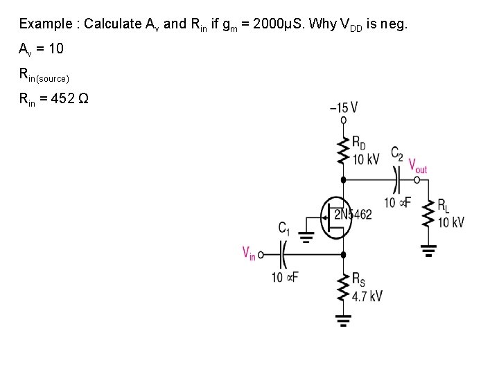 Example : Calculate Av and Rin if gm = 2000µS. Why VDD is neg.