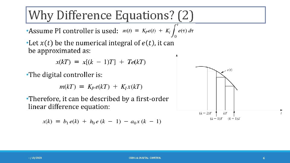 Why Difference Equations? (2) --/10/2020 CSE 416: DIGITAL CONTROL 6 